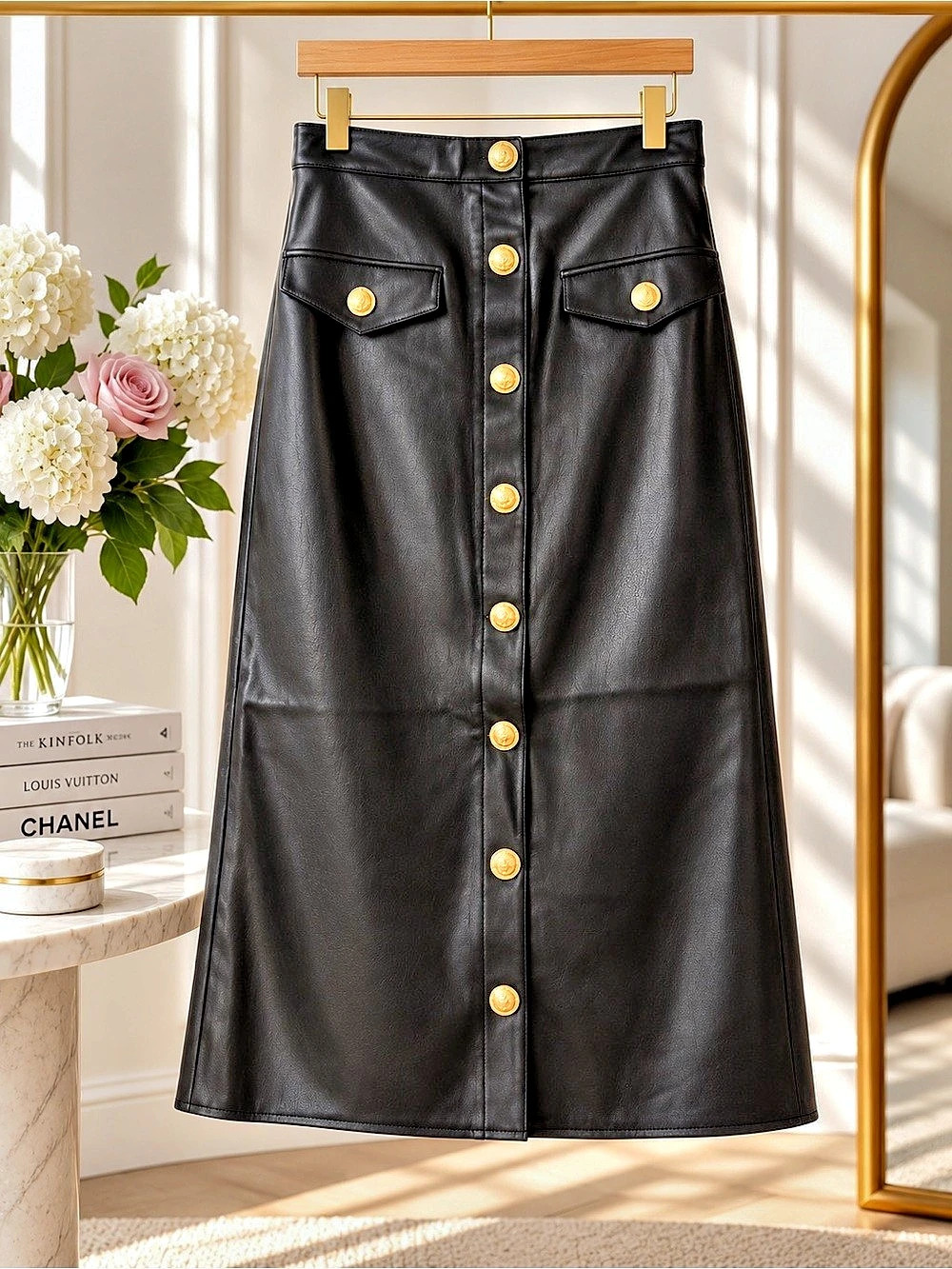 L'AGENCE Milann Faux Leather Gold Button Midi Skirt Black Size 2